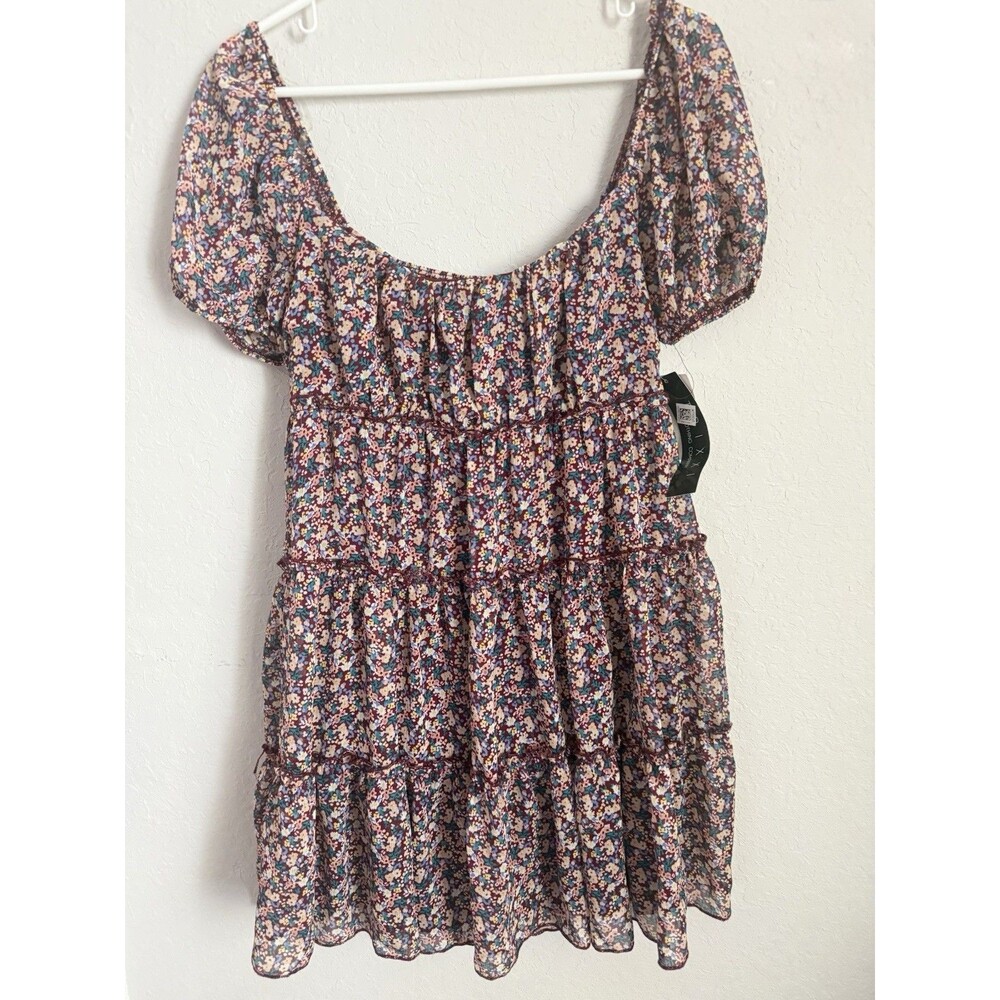 Trixxi Floral Puff Sleeve Tiered Mini Dress Cottagecore Boho NWT Sz Large